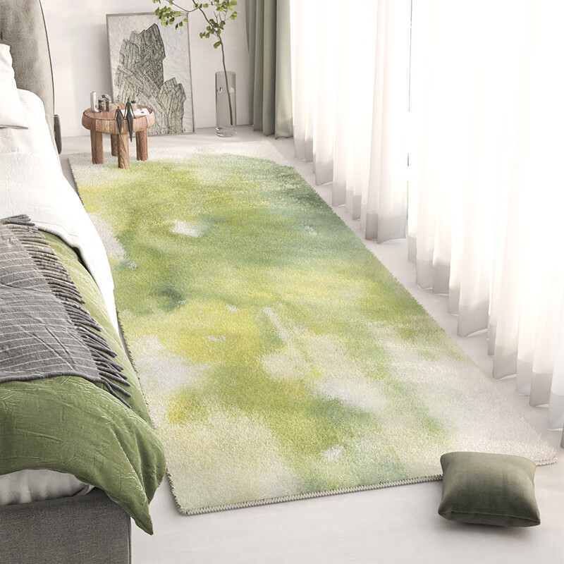 花非画长条床边地毯绿色侘寂客厅地毯羊羔绒卧室床前沙发茶几毯飘窗 城南床边毯07 120x240cm