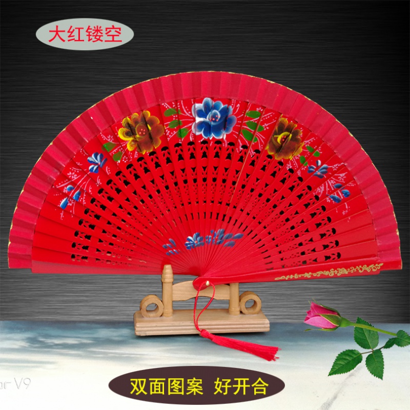 红扇子舞蹈扇红扇子实木扇骨开合顺溜双面扇旗袍舞台走秀表演折扇