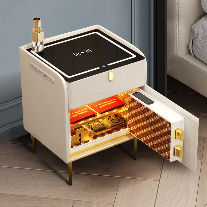 2023新款 虎牌保险柜 轻奢智能床头皮质软包家用小型隐形办公保险柜带抽屉家用床头保险柜隐藏式小型 典雅白60cm高 （指纹款+无线充电）