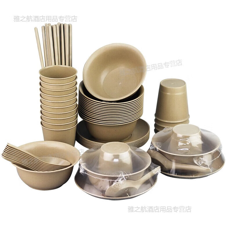 装家用餐厅结婚酒席稻壳一次性餐具 白色稻壳餐具五件套一套(碗 碟