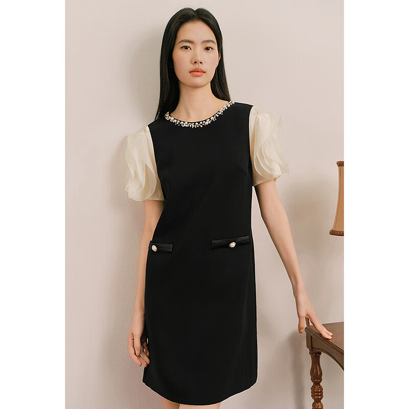 OBBLIGATO奥丽嘉朵2025夏季新款专选圆领钉珠荷叶边撞色拼接连衣裙 黑色 M