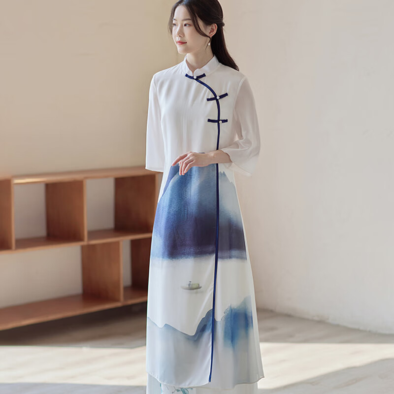 林中尋古琴服裝成年人古箏演出服大氣民樂(lè)表演奏嬋服茶藝師 連衣裙 M