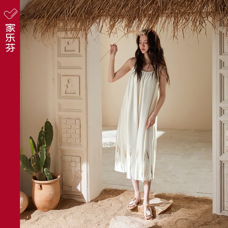 家乐芬睡裙女睡衣夏季夏天冰丝丝绸吊带背心仿真丝夏款薄款连衣裙 A824837燕麦白【带胸垫】 2XL 适合165-175cm体重140-160斤