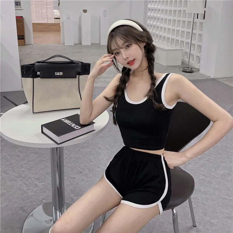 汐鲸运动短裤套装女夏季短款小吊带背心性感辣妹潮粉红色外穿内搭上衣