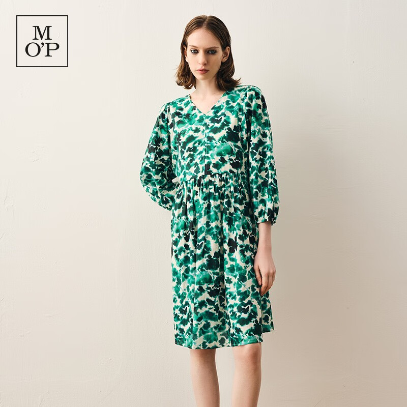 Marc O’Polo/MOP【商場(chǎng)同款】女士V領(lǐng)扎染印花寬松中長(zhǎng)款連衣裙 藍(lán)綠色碎花B97 32/155