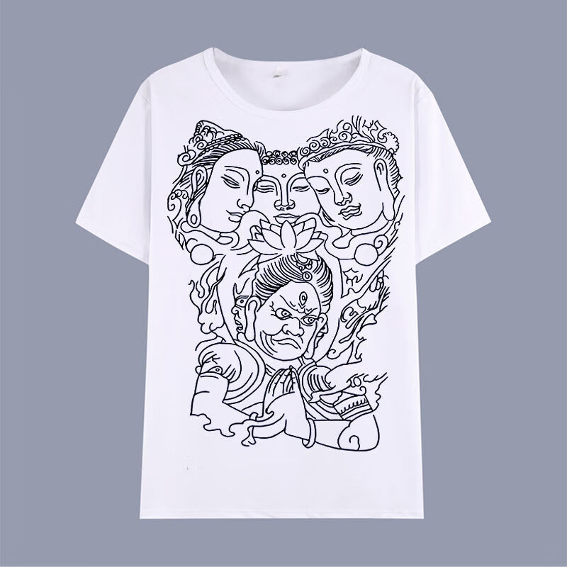 郡帅(junsrm)三面佛精神小伙衣服社会纹身图案学生夏季短袖t恤男韩版