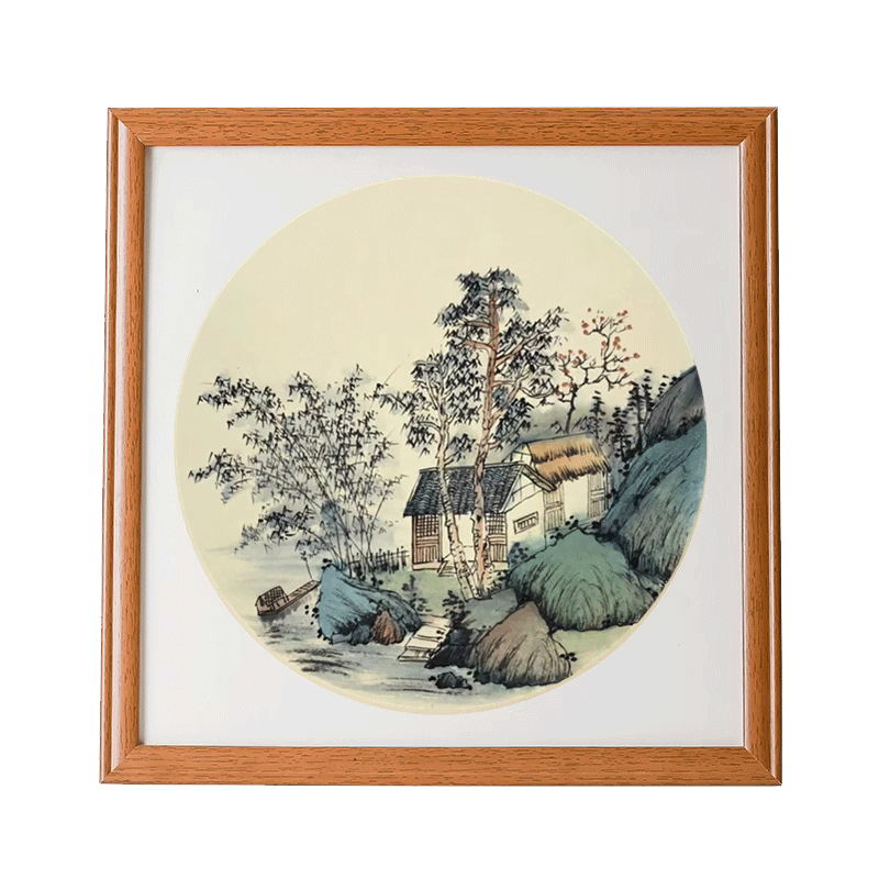一海堂文化卡紙相框 國畫(huà)扇面工筆畫(huà)紙鏡片硬卡圓形鏡片紙配套 實(shí)木相框-柚木色38*38cm 送38cm卡紙一包