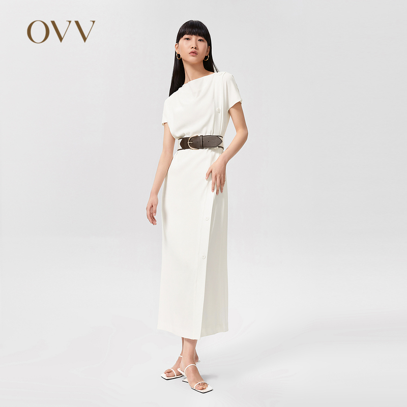 OVV【爱情而已同款】OVV2022春夏新款女装缎面堆堆领短袖连衣裙 米白15 L