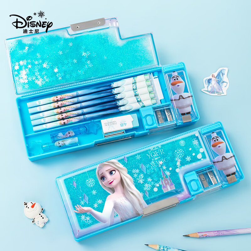 迪士尼(Disney)流沙文具盒 女孩儿童小学生多功能塑料自动铅笔盒双层笔袋笔盒儿童节礼物 冰雪奇缘DM28845F1