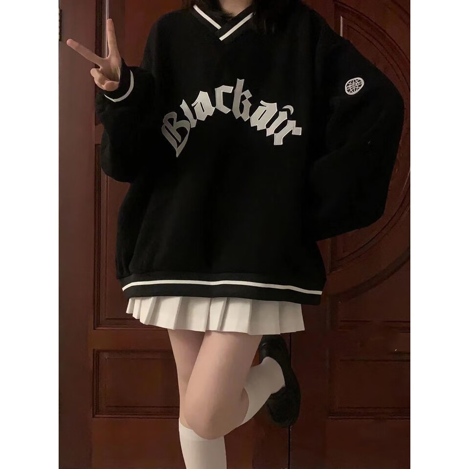 系少女穿搭时尚宽松bf慵懒风卫衣百褶裙两件套装秋冬季新款 黑色卫衣