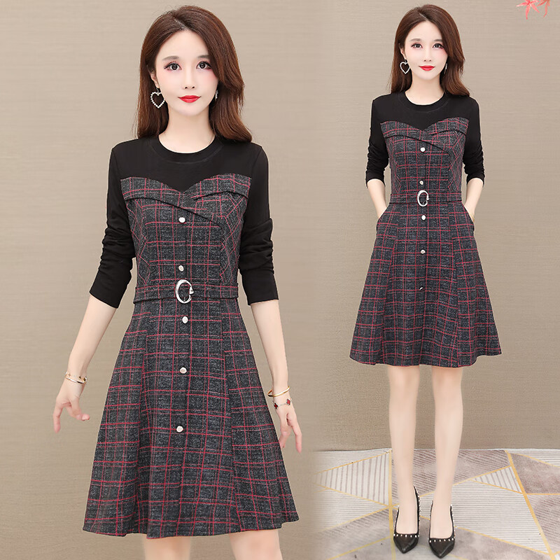 歌鹏冬季冬天连衣裙加绒加厚秋冬季新款气质格子连衣裙30-40-50岁假两