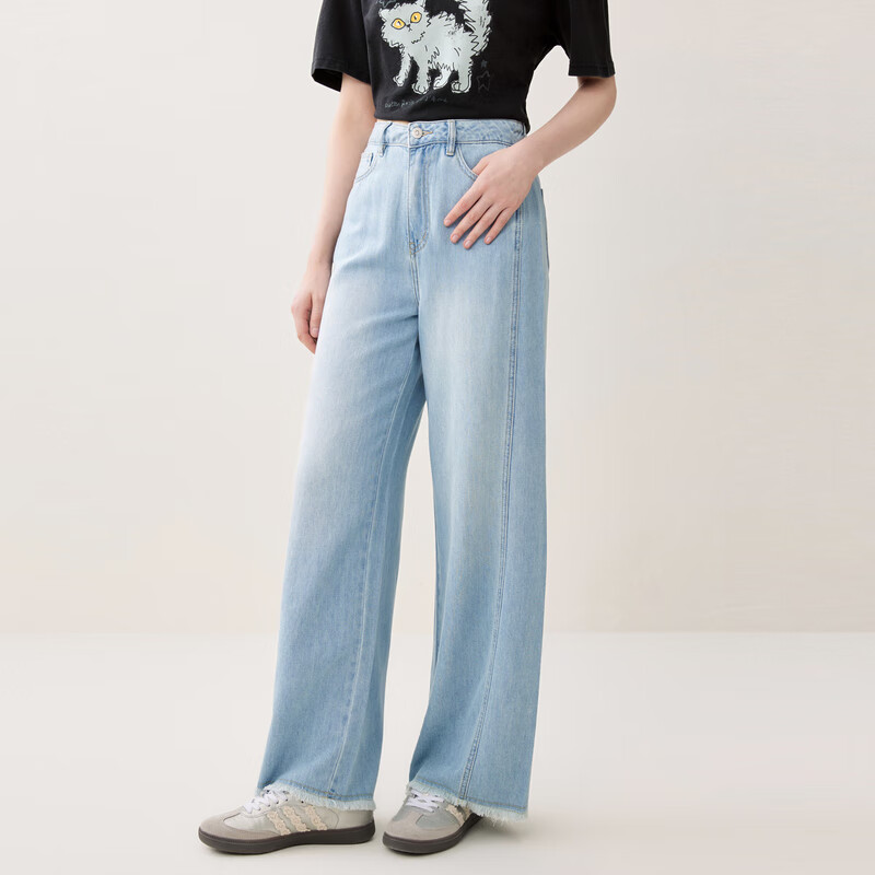 乐町商城同款分割线牛仔阔腿裤24新款长裤百搭裤子C1HAE3136 浅牛仔蓝 M