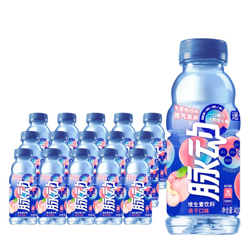 脈動（Mizone）維生素飲料青檸味桃子果汁補水出游飲料補充維C出行做運動飲 12瓶桃子味400ML*12瓶