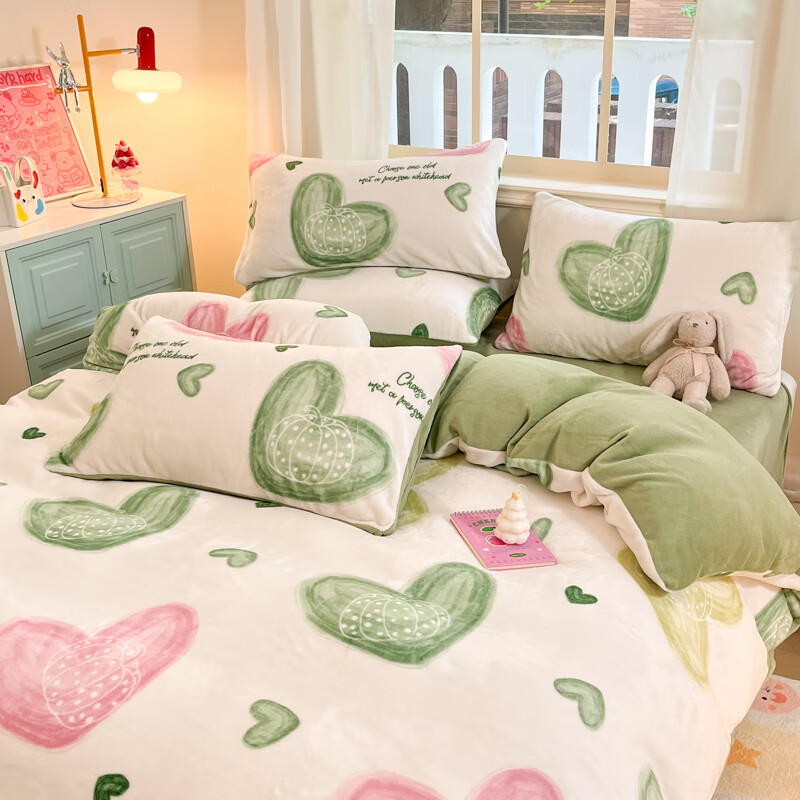 多兰诗（Duolanshi）牛奶绒四件套卡通双面加绒学生宿舍家用床单被套床上用品套件 心意 1.8米 床单款 被套200*230cm 四件套