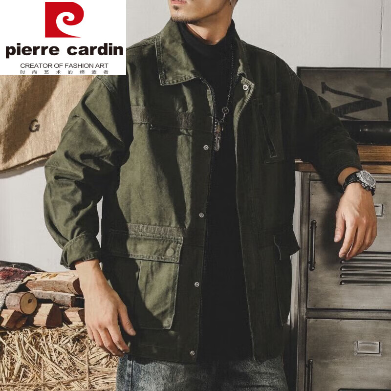 皮爾卡丹（pierre cardin）美式經(jīng)典復(fù)古教練夾克牛仔男春季寬松大碼軍旅獵裝戶外工裝外套潮 W110軍綠色 M碼90-120斤