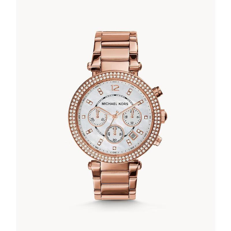 科尔斯(michael kors)商务时尚女士玫金手表 parker 三眼计时码表mk镶