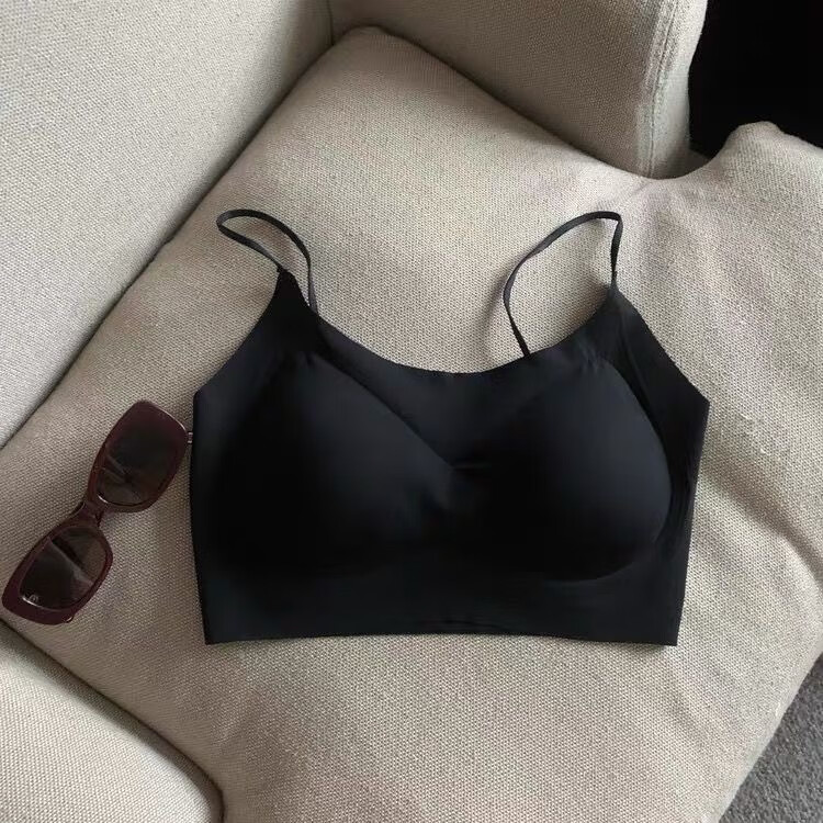 夏季冰丝无痕美背果冻条内衣女超薄聚拢乳胶固定杯软支撑一体文胸 黑色 F建议【80-110斤】