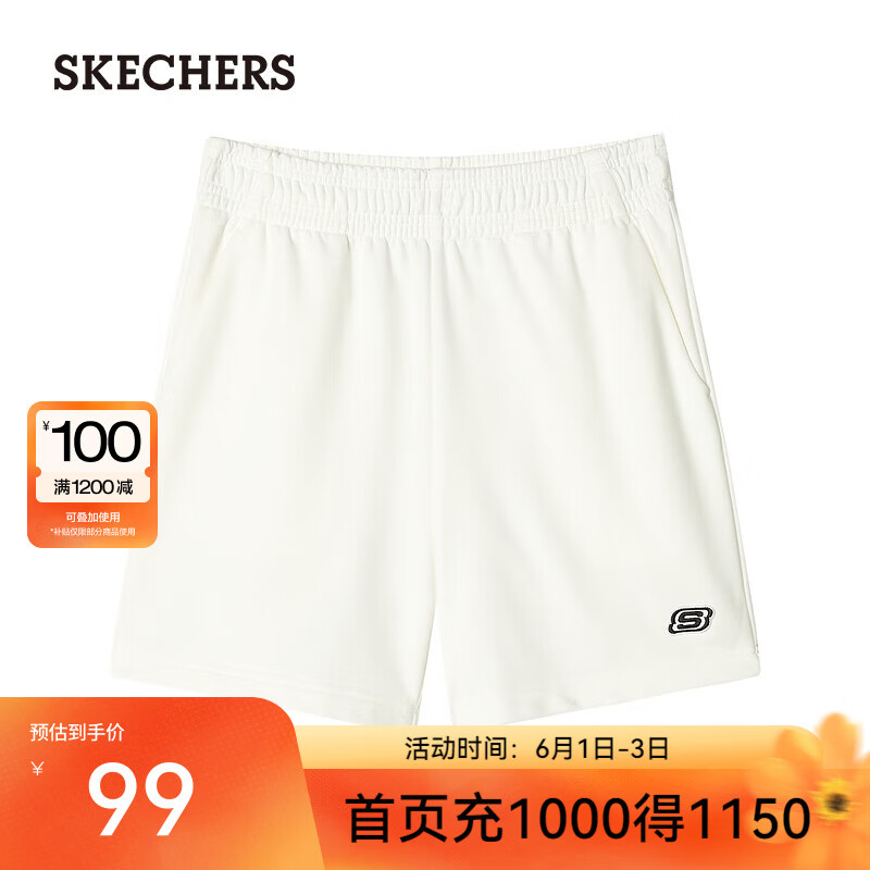 斯凯奇（Skechers）男女舒适宽松休闲运动裤纯色针织短裤L122W057 棉花糖白/0074 M