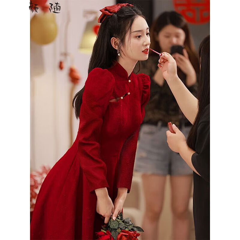 敬酒服新娘小个子平时可穿晚礼服女新款高端气质显瘦中式酒红色新娘敬酒服新款旗袍改良结婚订婚礼服女感秋冬 不露背中长款 M