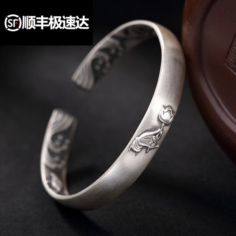 银复古做旧磨砂 s999银莲花浮雕心经银复古做旧磨砂开口女士手镯送