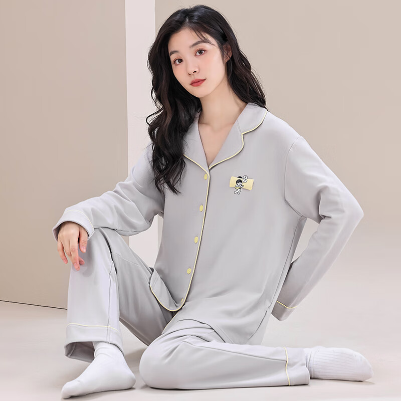 猫人睡衣女春秋 长袖两件套 开衫可外穿立体图案 可外穿家居服 08M6321浅灰色 3XL