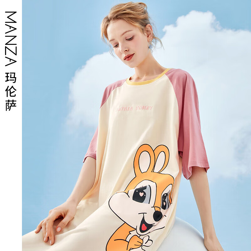 玛伦萨（manza）芬腾夏季【纯棉】卡通兔子睡裙女舒适弹性休闲家居服可外穿 粉红 L