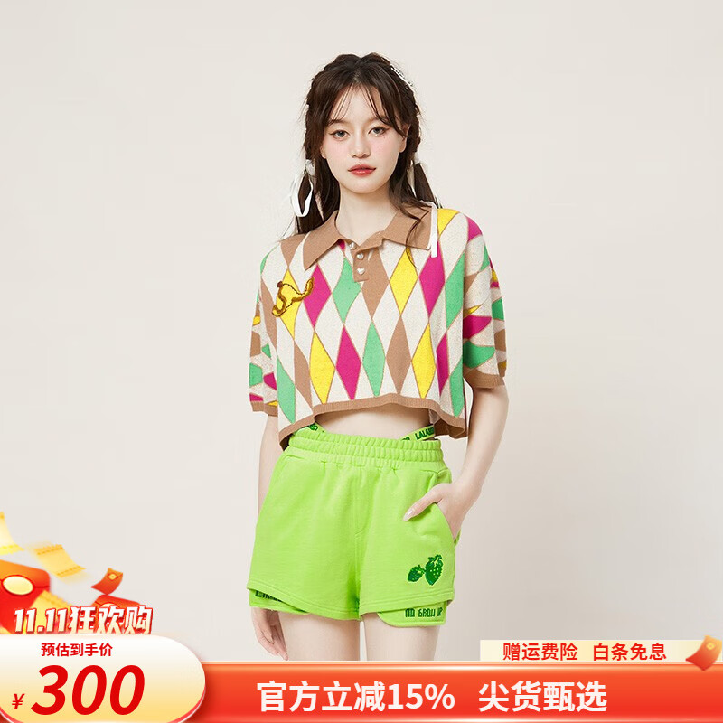 拉拉波波【100纯棉】新款设计感时尚针织植绒宽松显瘦甜酷辣妹五分袖短T恤 咖色 L