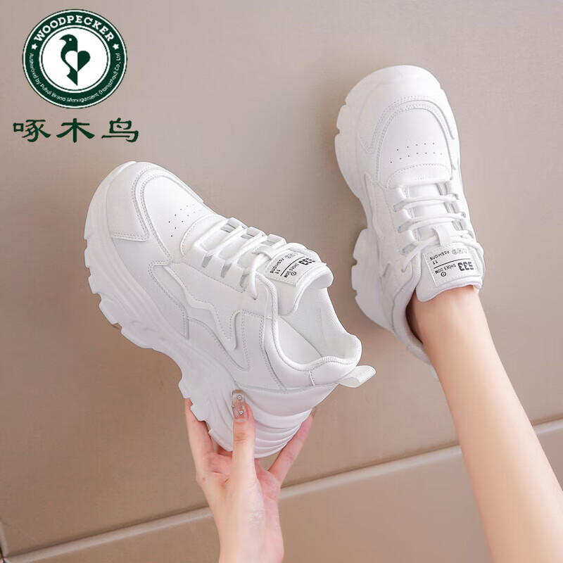 啄木鸟鞋子女2024新款春秋坡跟小白鞋内增高8cm休闲运动鞋皮老爹鞋