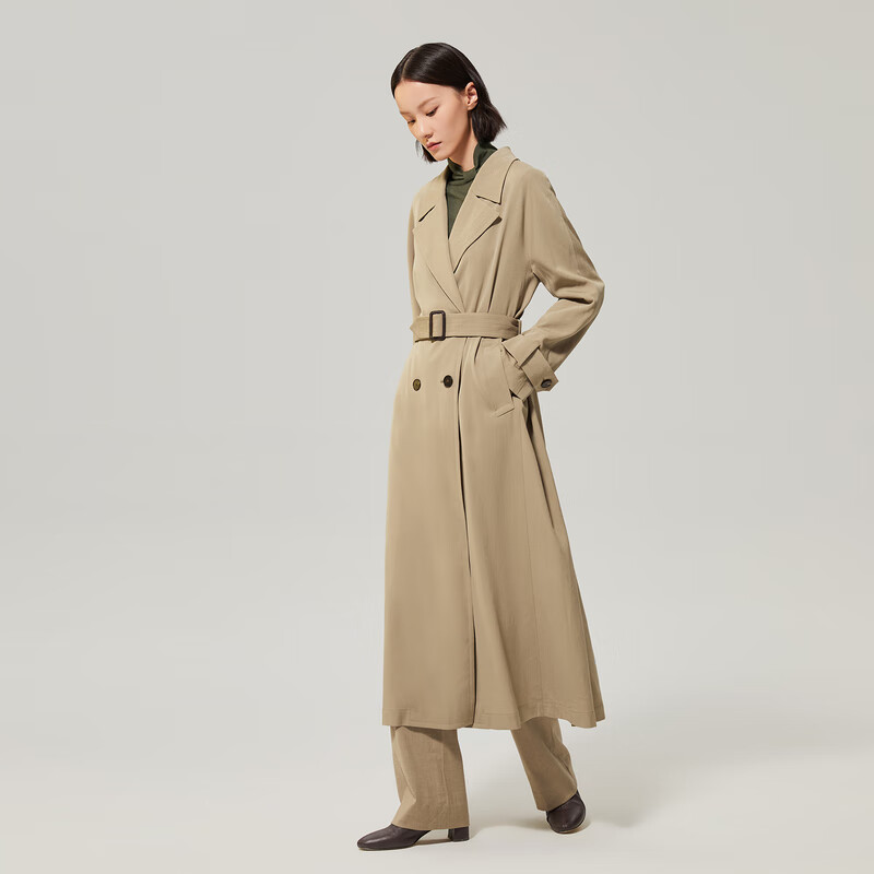 OVV秋冬热卖女装醋酸羊毛混纺双排扣腰带长款风衣 卡其A3 L