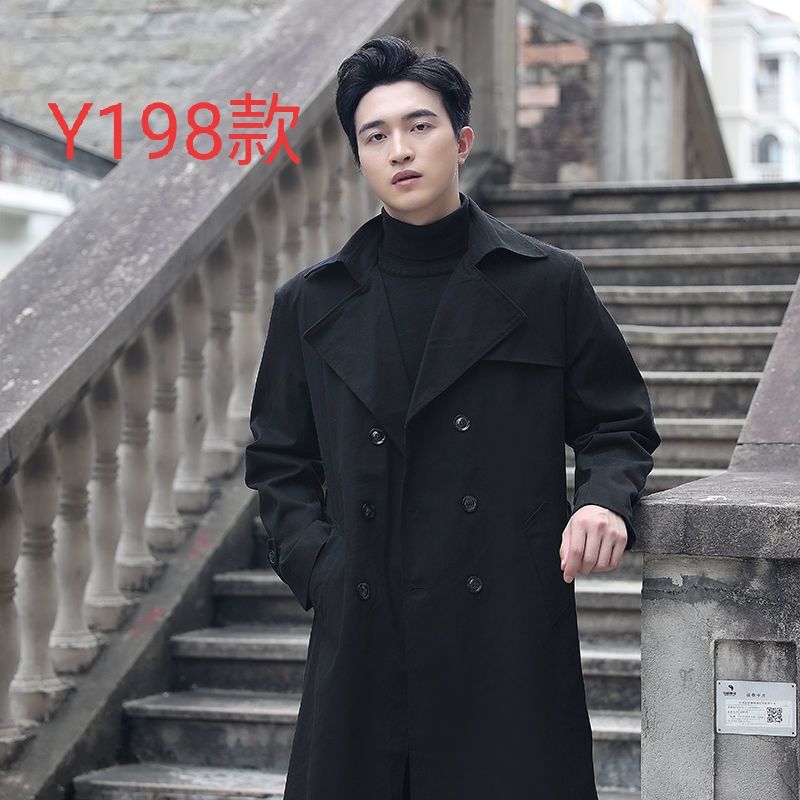 春秋薄款风衣男装潮流韩版长风衣男青年修身中长款大衣男外套大衣曼迪尚 黑色 Y198款号 2XL 170-180斤左右穿