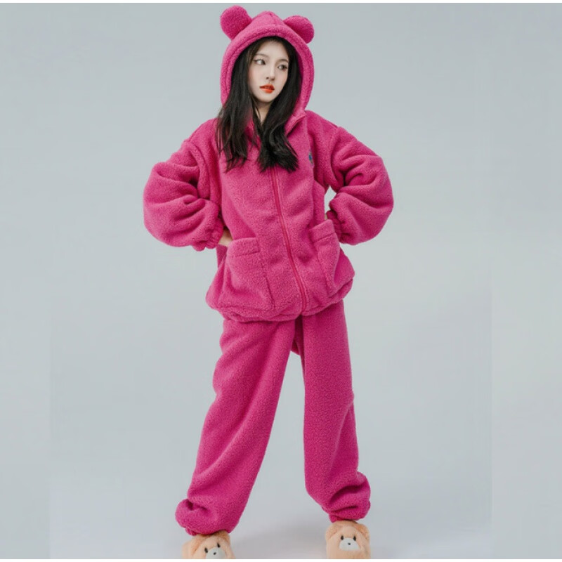 蔷樱Bananagirl少女乌托邦草莓熊睡衣女士冬季外套家居服套装连帽 玫红带帽子拉链款 M建议体重90-100斤