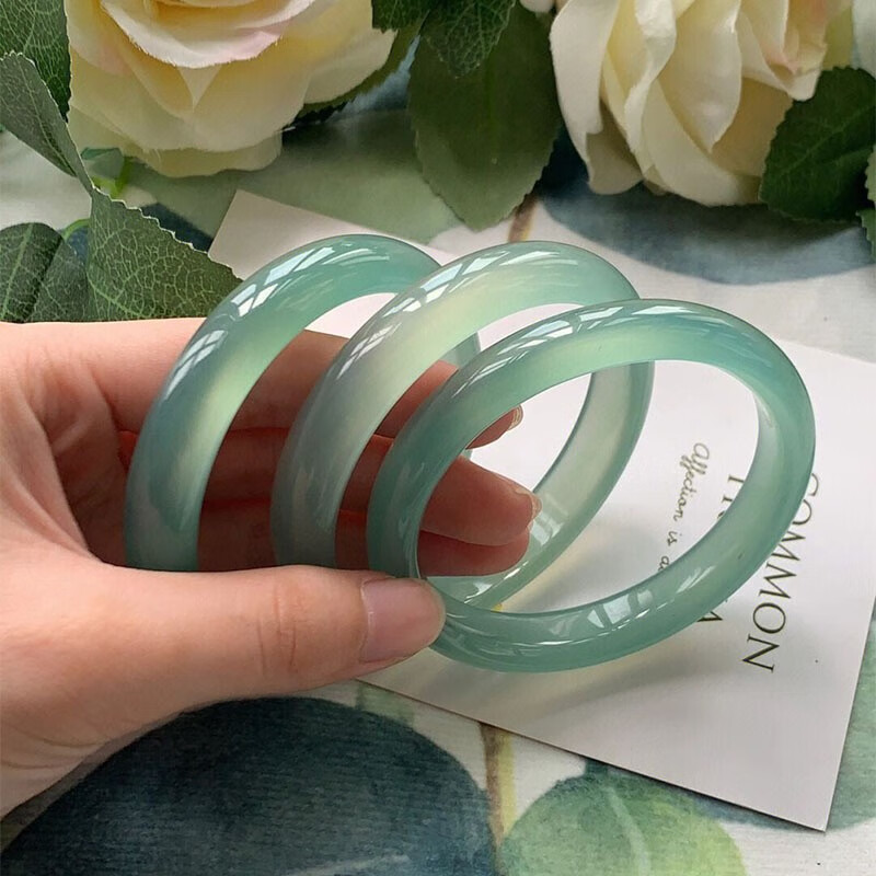 子龙青山黛扁条手镯梅子青冰油玛瑙玉髓青绿色青提啵啵玉石玉镯多样性 手镯 63-64