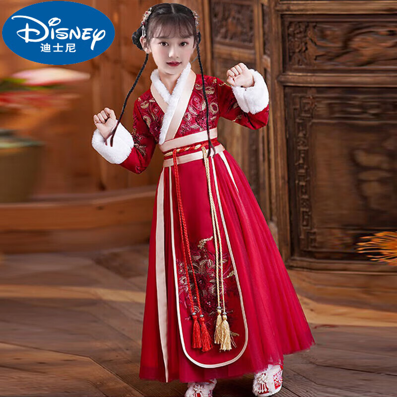 迪士尼汉服女童冬款过年中国风唐装红色宝宝拜年服新年冬装儿童古 长款红色加绒裙子 110怎么样,好用不?