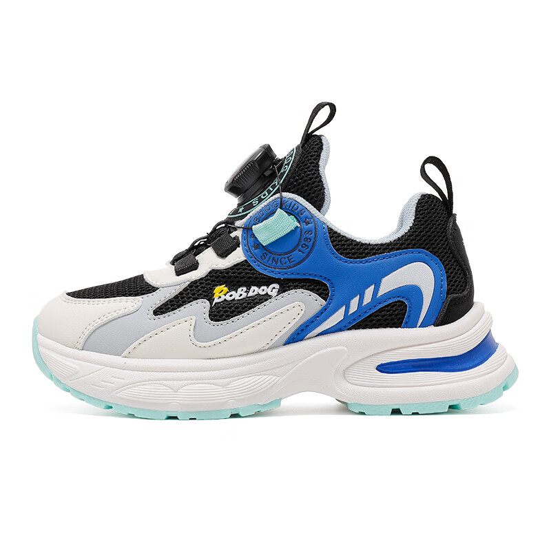 巴布豆童鞋男童秋季透气老爹鞋新款百搭休闲跑鞋旋转扣儿童运动鞋 黑/皇家蓝（单里） 35 适合脚长21.6cm