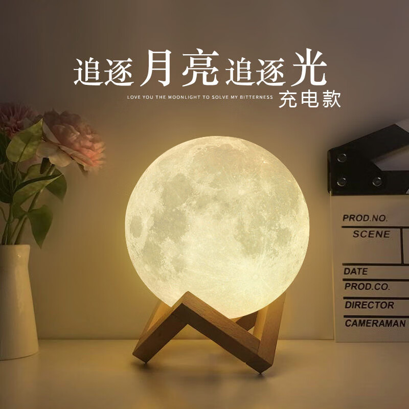 哲弘地3d搪胶月球灯月亮灯小夜灯创意生日礼物台灯卧室床头充电遥控