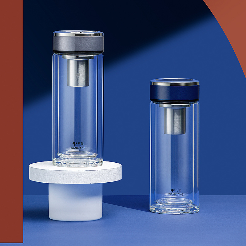 万象(wanxiang)玻璃杯v33l便携礼盒装蓝黑色双层泡茶杯410ml商务办公