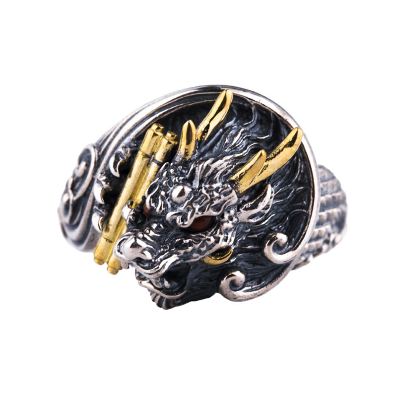 复古风银戒指神兽青龙龙生九子蟠龙s925手工银饰品 红色-南红款(负屃)