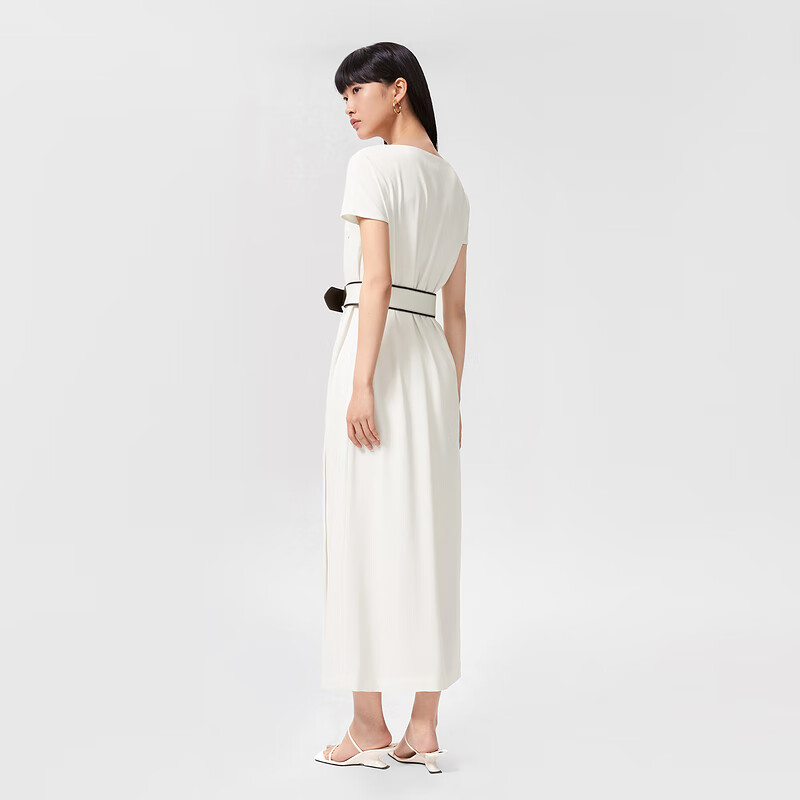 OVV【爱情而已同款】OVV2022春夏新款女装缎面堆堆领短袖连衣裙 米白15 L