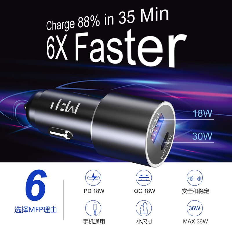 米量车载充电器 42.5W快充适用苹果8-14/小米/华为超级快充汽车充电 36W黑色经典款车充 京东折扣/优惠券