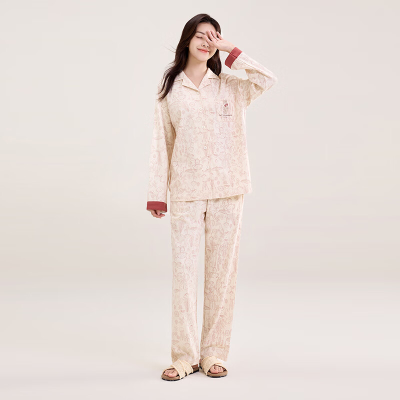 玛伦萨100%纯棉睡衣女款全棉长袖长裤家居服套装春秋少女款可外穿 棕红 M