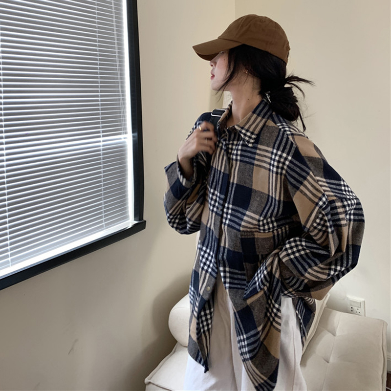 高中女学生外套春秋款格子衣服衬衫春季复古港味磨毛bf风宽松中长款