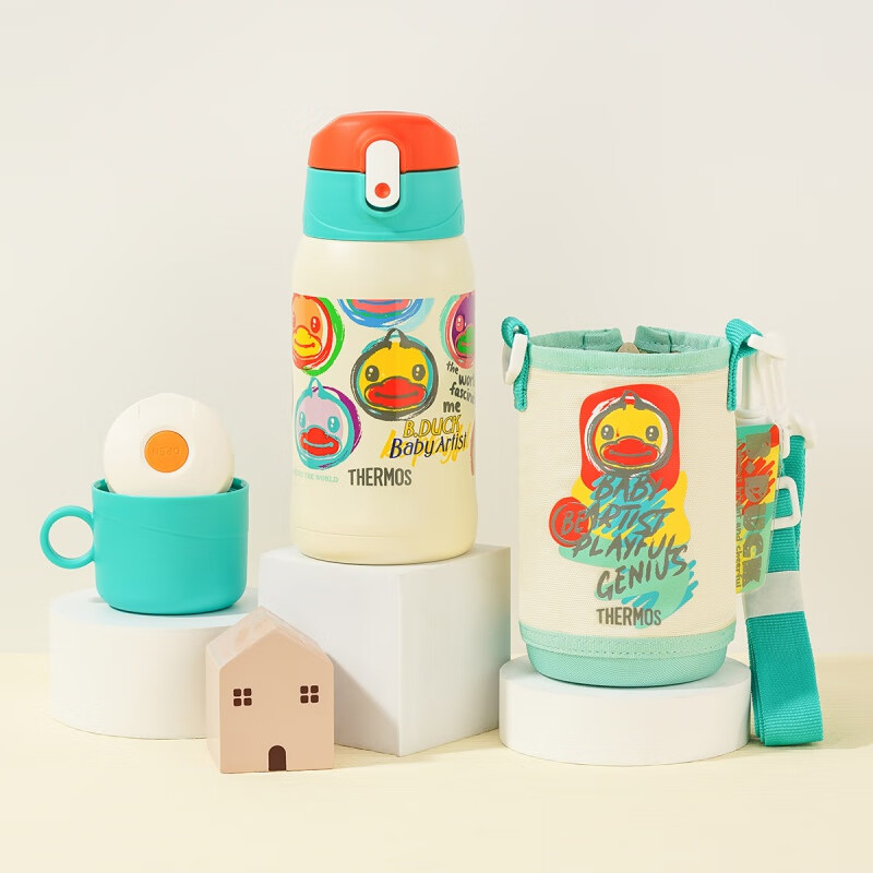 膳魔师（THERMOS）保温杯儿童吸管杯吸管杯饮杯双盖上学专用大容量便携水杯 原装杯套/b.duck联名款绿