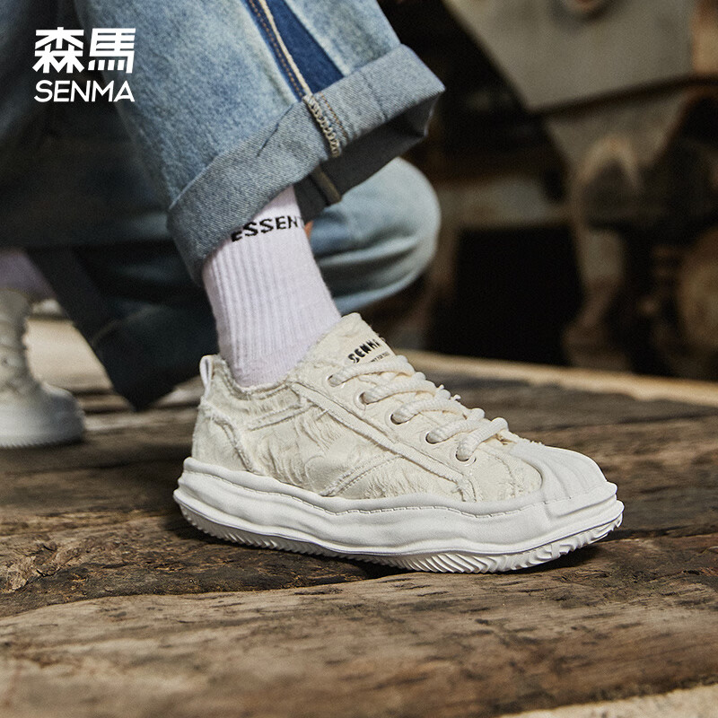 森馬情侣鞋男女同款运动帆布鞋厚底溶解鞋新款低帮贝壳头小白鞋女 米色 40