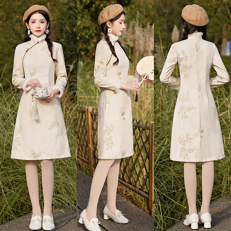 绣花毛呢长袖保暖毛领日常旗袍改良中长年轻款连衣裙 6116杏色发财树