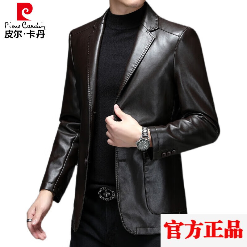 皮尔卡丹（pierre cardin）品牌高档男装真皮皮衣男绵羊皮春秋季西服夹克修身休闲单皮西装 黑色 186款 XL 180/96A
