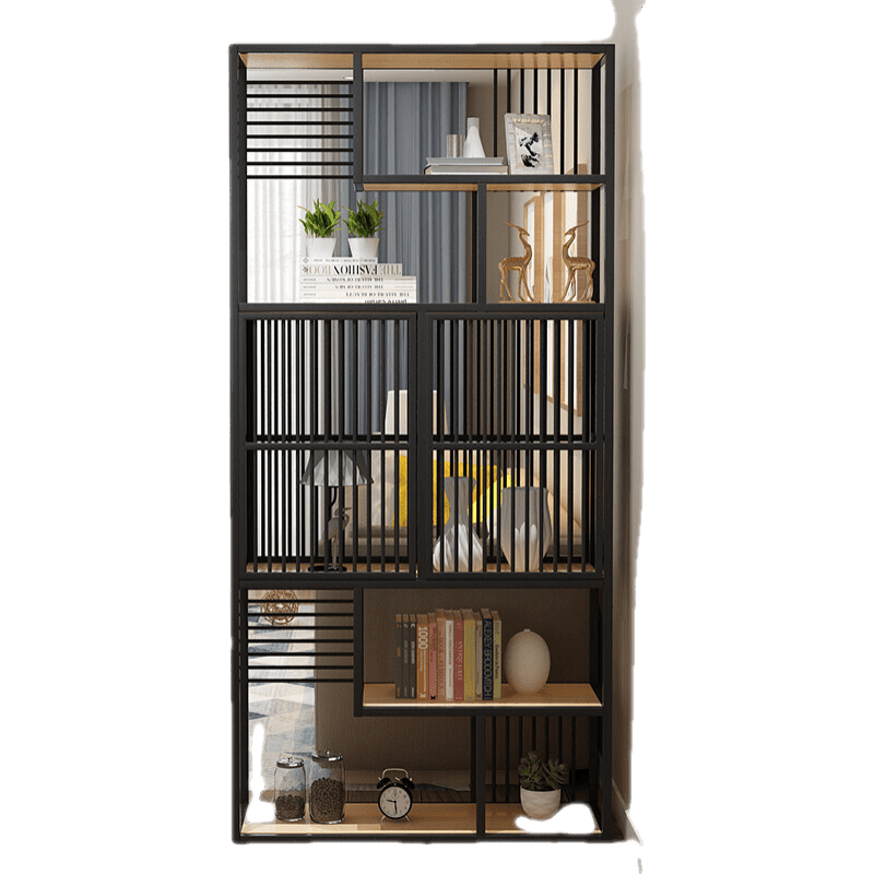 可定做 精甄 铁艺隔断置物架美式落地客餐厅多层实木书架办公室玄关屏风储物柜博古架展示架 A款;长80-25-200cm高 整装