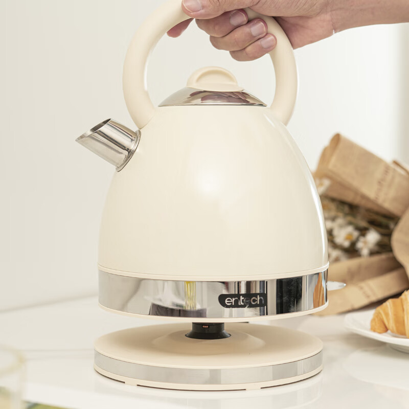 一特（EnTech）英伦复古1800W快速烧水壶家用高颜值高端电热水壶大容量分体式加厚304不锈钢电烧水自动断电防干烧 1.7L 线上款-奶油白（无水窗）