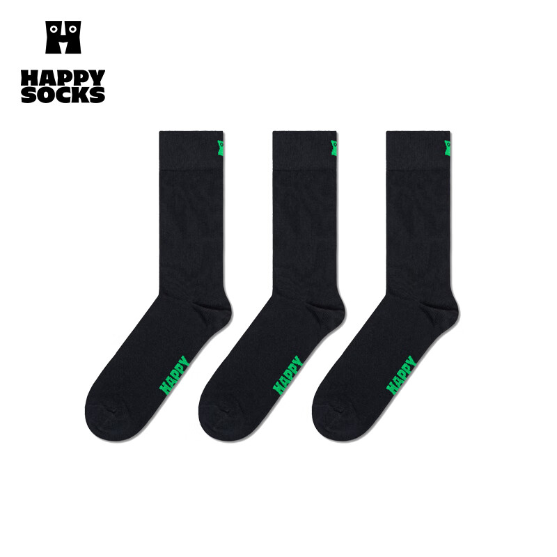 Happy Socks袜子女男士袜秋冬季纯色白色袜中筒袜时尚纯色运动袜3双装 黑色 3双 M 36-40