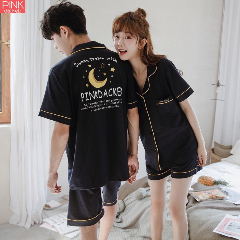 裴珂黛克（pinkdackeb）情侣睡衣女夏季两件套短袖宽松学生休闲棉质韩版男士家居服套装 男XL码(160-190斤)