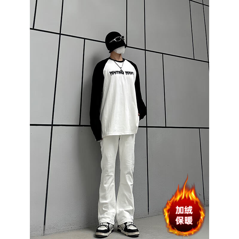 黑盒白秋季裤子男潮牌美式vibe高街微喇牛仔裤男款修身直筒休闲裤男装 白色 加绒 XL 【建议130-145斤】